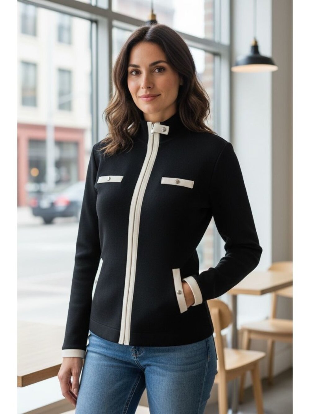 Tommy Hilfiger Womens M Black Ivory Zip Jacket Y2K 2000s Preppy Cardigan